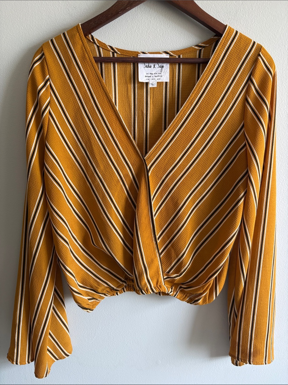 Sadie & Sage Mustard Striped Faux Wrap Blouse Bell Sleeve Size L‎